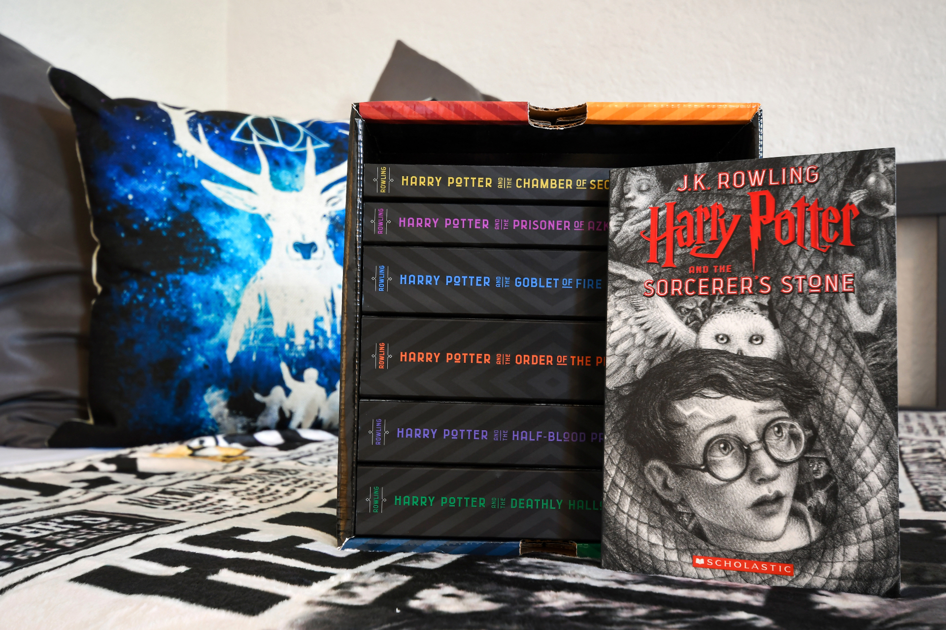 Harry Potter book collection and themed décor